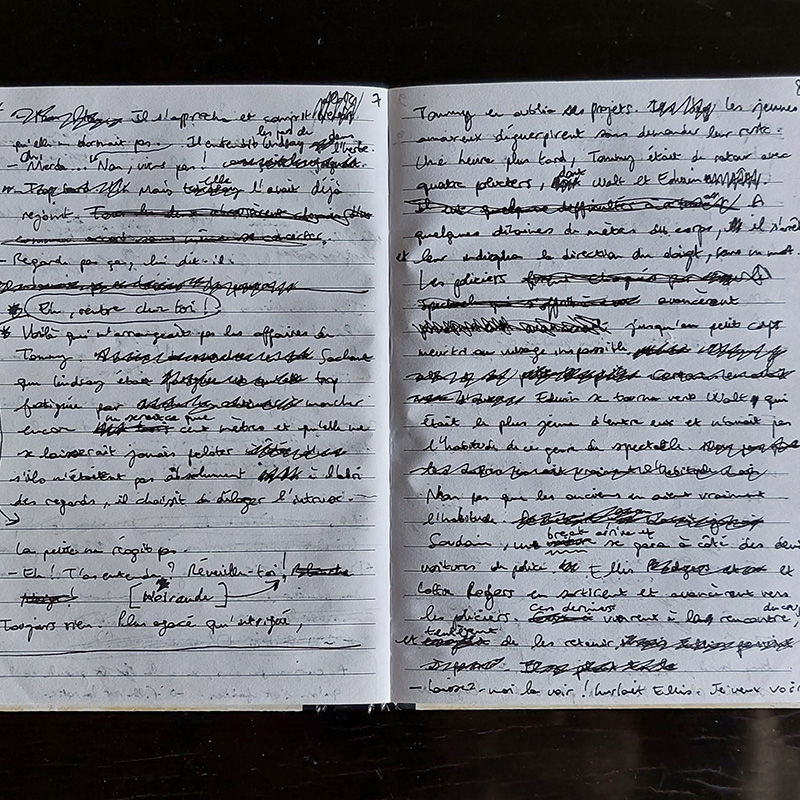 La scène où un jeune couple découvre une fillette noire qui semble endormie. Beaucoup de ratures. Et une écriture nerveuse, du fait de la tension du passage sans doute.