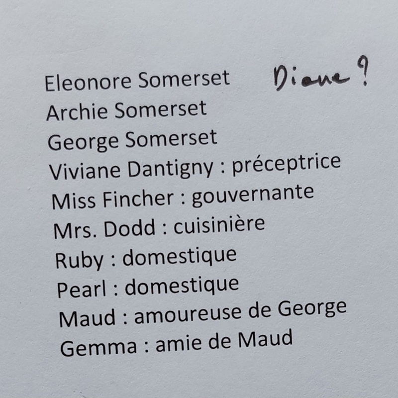 "Les prénoms et noms de nos personnages changent beaucoup, jusqu'à ce que les « bons » prénoms et noms s'imposent. Ainsi, pour « À l'ombre de Winnicott », Lucille s'est appelée Eleanor, Eleonore, Diane ou encore Evelyn... Somerset, puis Montgomery. George s'est prénommé Victor. Viviane Lombard s'est appelée Viviane Dantigny. Mrs Dodds s'est appelée Mrs Dodd sans s. Rosie s'est prénommée Maud. Miss Fincher, la gouvernante, a carrément disparu, avant même l'étape du plan. Généralement, lorsque que nous entamons l'écriture, après des mois de travail sur le plan, nous avons les bons noms. Toutefois, les sœurs Collins se sont longtemps appelées Ruby et Pearl Barnett avant de prendre le nom de Collins, en hommage à l'auteur anglais Wilkie Collins."