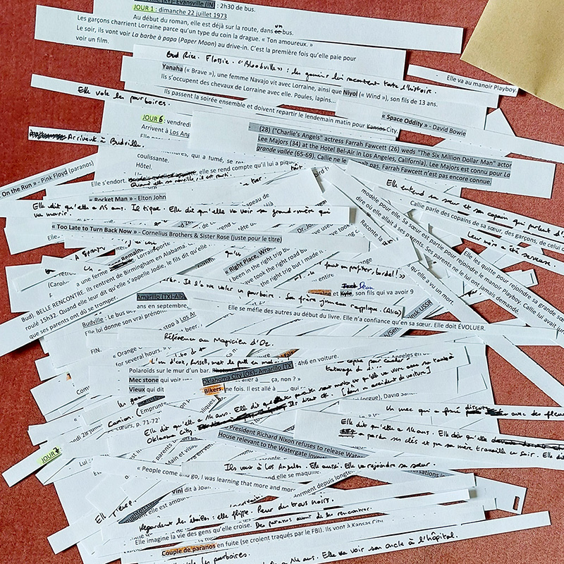 "Les petites bandes de papier qui ont constitué notre plan. On vous rassure : à un moment donné, elles ont toutes été rangées dans l'ordre ! Pour « America[s] », nous avions abandonné le système de code de couleurs par intrigues. Il faut dire qu'il y en avait moins que dans « Alabama 1963 » ou « À l'ombre de Winnicott »."