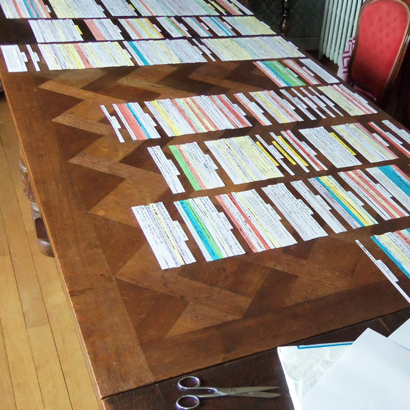 "Le plan de « Alabama 1963 », en cours d'élaboration. Ces petits papiers ont fini par recouvrir toute la table, mais nous n'avons aucune photo du plan entier, hélas. Sur les petits papiers blancs, la date de chaque jour, qui figure au début de chaque chapitre. En rouge, ce qui concerne l'enquête. En mauve, ce qui concerne Adela. En jaune pâle, Adela et Bud. En rose, Lorraine... Pour l'anecdote, nous avons donné cette table à Emmaus. Quelque part, des gens dînent dessus sans savoir qu'elle a vu naître notre roman."